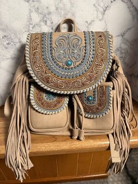 Montana West Beige Fringe Backpack with Turquoise Accents